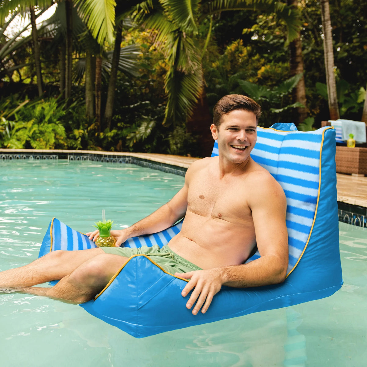 Big Joe Captain's Float No Inflation Needed Pool Lounger with Drink Holder, Tropical Hibiscus Aqua Double Sided Mesh, Quick Draining Fabric, 3 feet