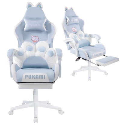 Waleaf Pink Gaming Chair with Cat Paw Lumbar Cushion and Cat Ears for Girls, Reclining Office Computer Chair with Footrest for Adults, Teens