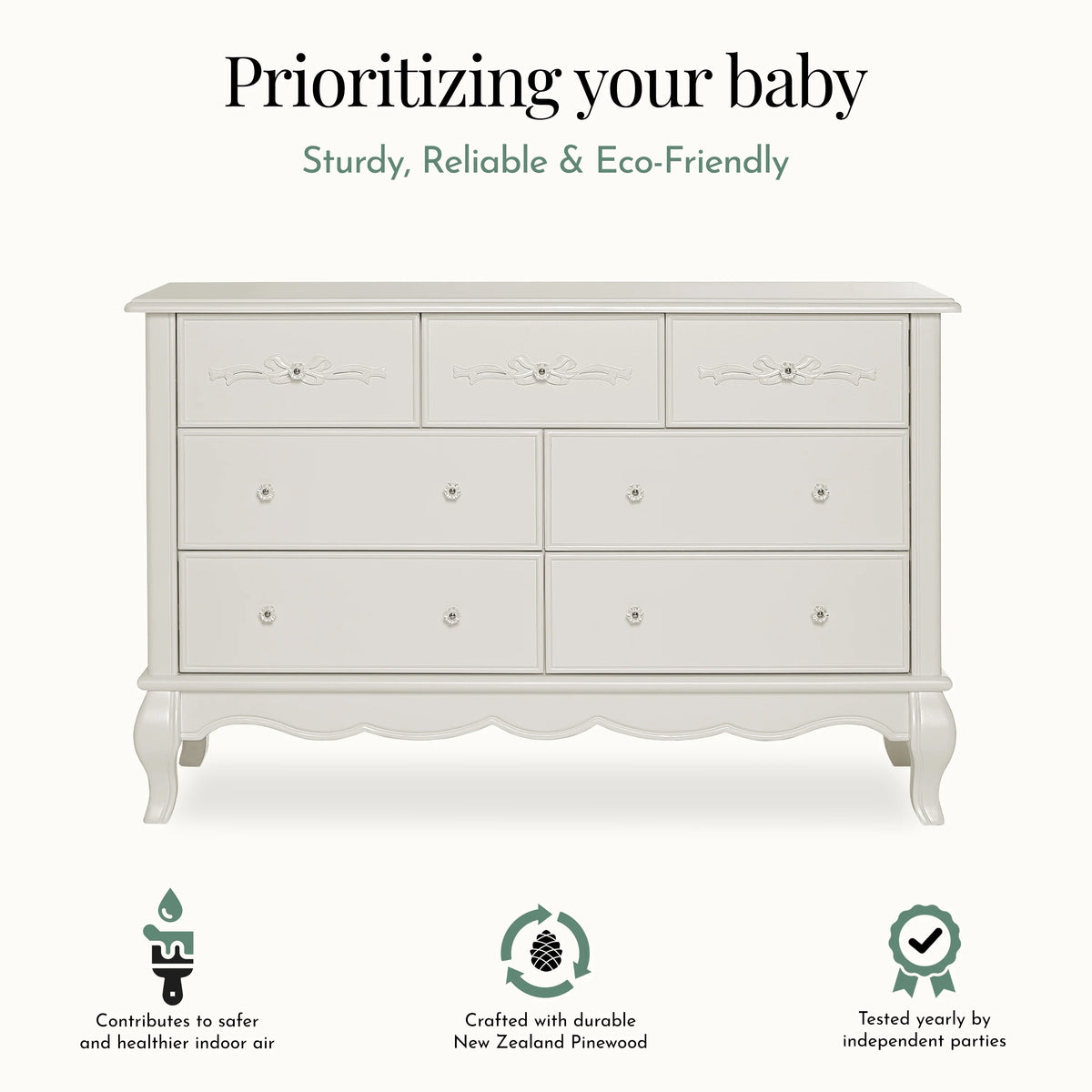 Evolur Aurora 7-Drawer Double Dresser in Ivory Lace, Spacious Drawers