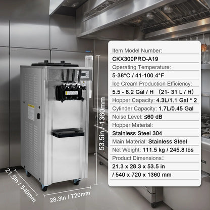 KFFKFF Commercial Soft Ice Cream Machine 21-31 L/H Output 3-Flavor  LED Display Auto Clean 4.3L/1.1GAL Hopper ,1.7L/0.45gal Cylinder