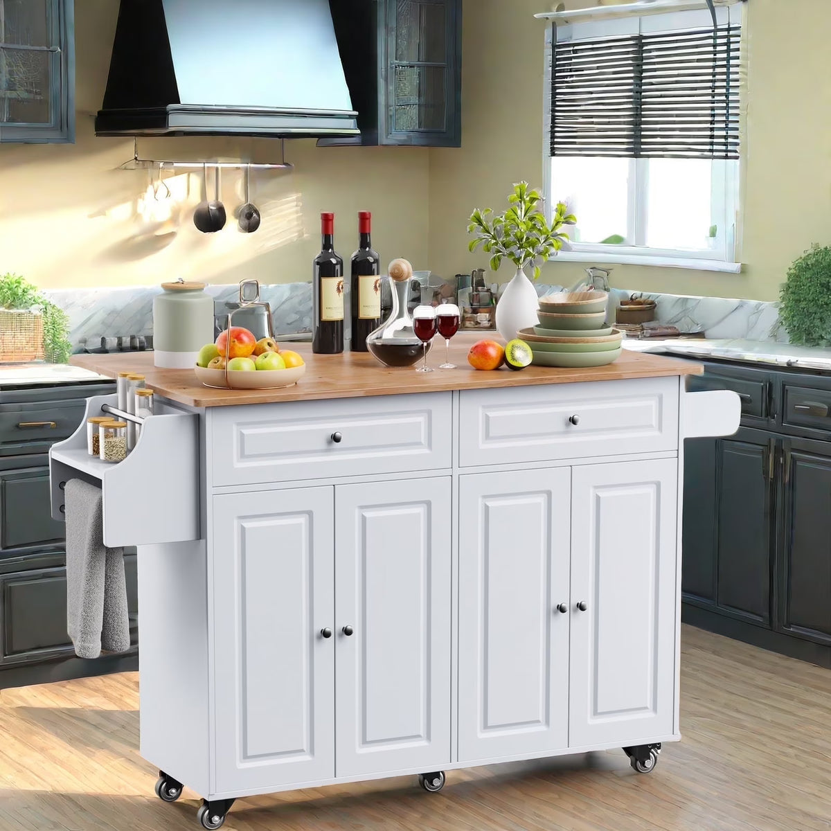 Lofka 52-Inch Kitchen Island with Storage on Wheels with Wood Drop Leaf, Ideal for Small Kitchens