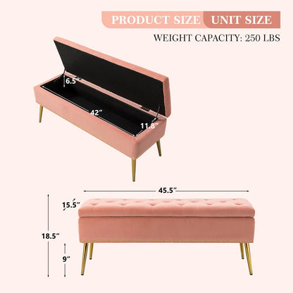 14 Karat Home Velvet Storage Ottoman Bench Gold Leg Upholstered Nailhead Trim Button Tufted Footstool Entryway Bedroom Living Room Pink