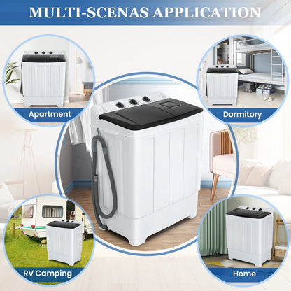 Qhomic Portable Washer 30lbs, 2-in-1 Twin Tub Washer & Dryer Combo Compact Semi-Automatic Washing Machine with Drain Pump, Black