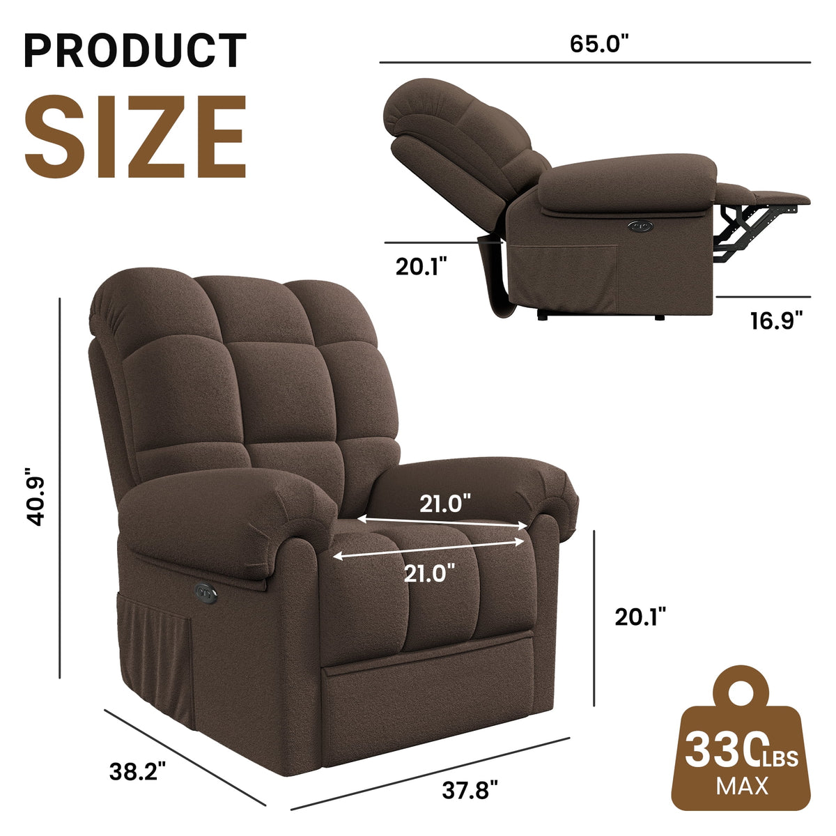 Power Recliner Chair,Electric Recline Sofa Chair for Adults with USB Port,Comfy Teddy Fleece Adjustable Cloud Sofa,Tool-Free Setup,Beige White