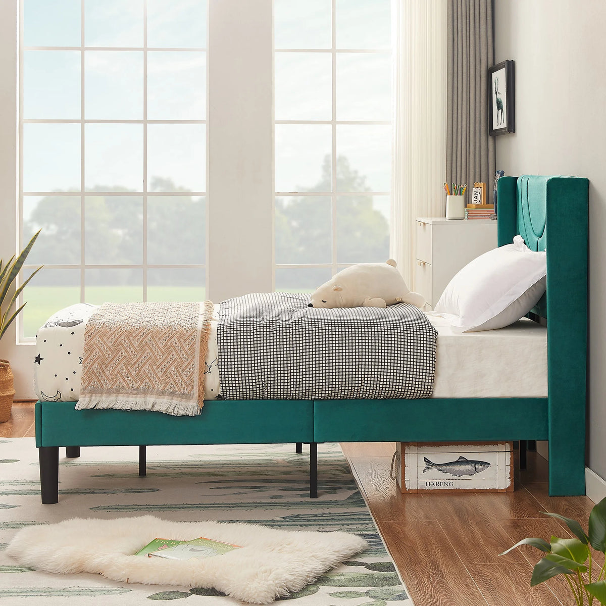 VECELO Set of 2 Twin Bed Frames, Modern Upholstered Platform Bed Frame with Tufted Headboard, No Box Spring Needed, Dark Green