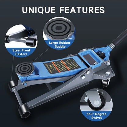 3 Ton Heavy Duty Floor Jack, Fast Lift & Stable Support, Carbon Steel Automotive Jack with Wheels, Max Lift 18.15" for Car and Truck Repair, Blue