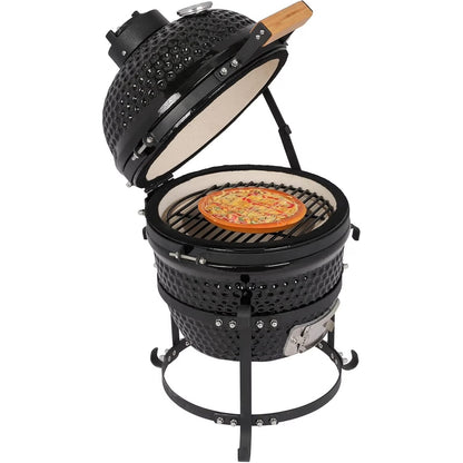 ZZJP Ceramic Grill, 13" Round Kamado Charcoal Grill, Portable Barbecue Grill with Thermometer for Variations on Cooking Methods(Black)