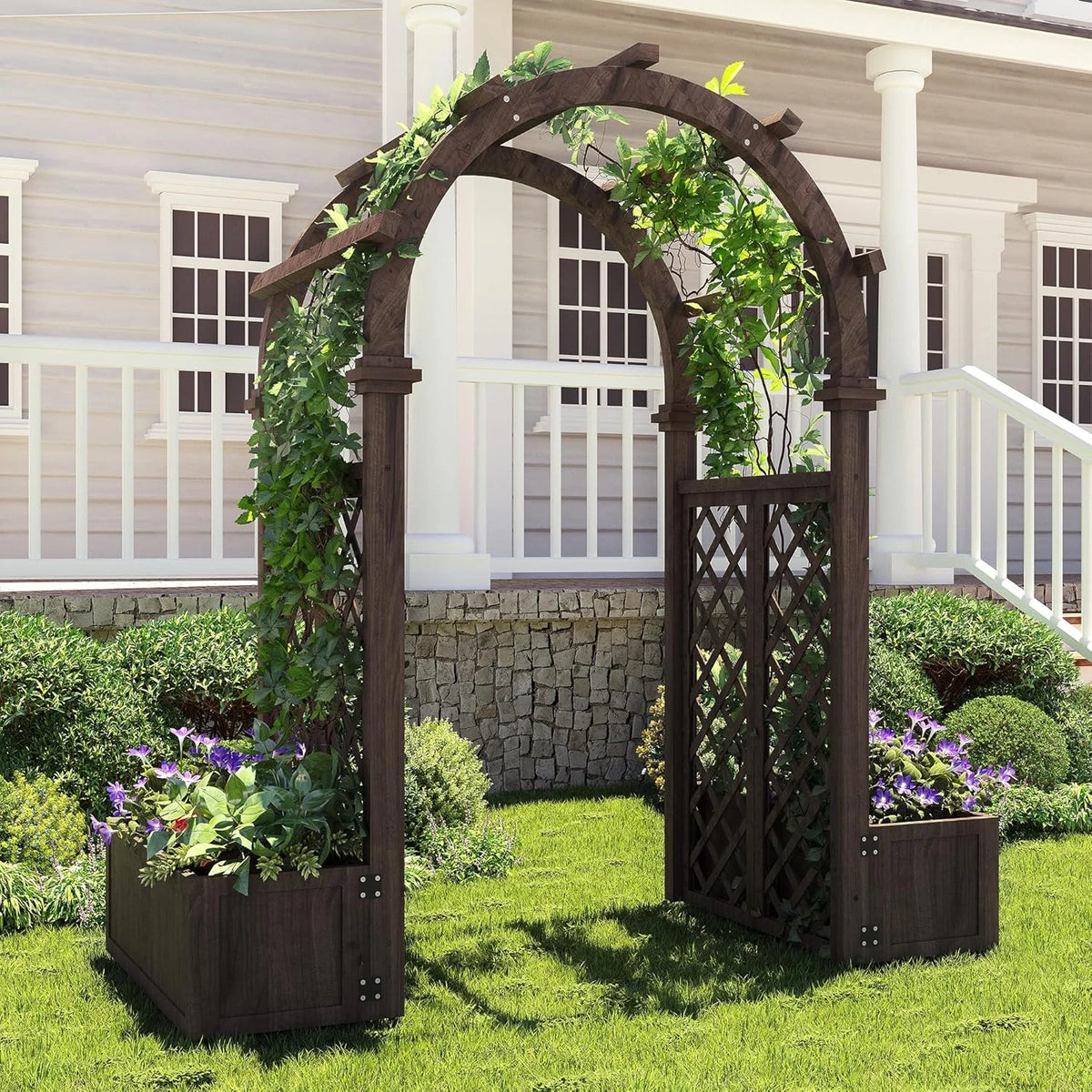 Wooden Garden Arbor with Planter&Swing,Outdoor Arbor Trellis for Climbing Plants, Roses, Vines, Outside Pergola Planter, Garden Arch for Lawn Backyard Wedding Ceremony Bridal Party