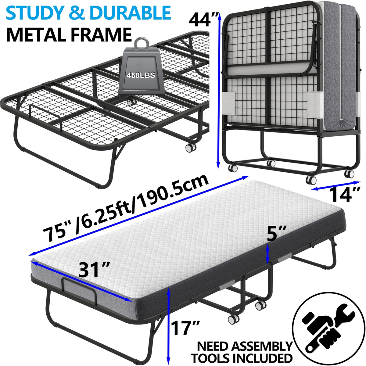 Folding Bed with Mattress 75" x 31" Cot Size Folded Bed, Rollaway Guest Bed Portable Foldable Extra Bed for Adults Daybed with 5" Memory Foam Mattress Space-Saving Sturdy Metal Grid Frame