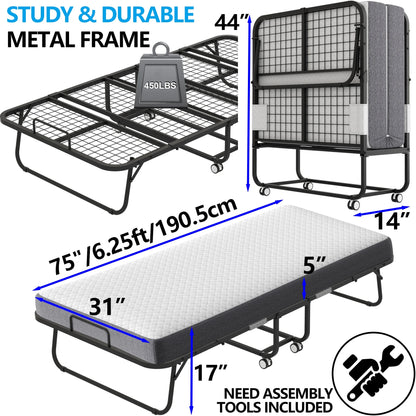 Folding Bed with Mattress 75" x 31" Cot Size Folded Bed, Rollaway Guest Bed Portable Foldable Extra Bed for Adults Daybed with 5" Memory Foam Mattress Space-Saving Sturdy Metal Grid Frame