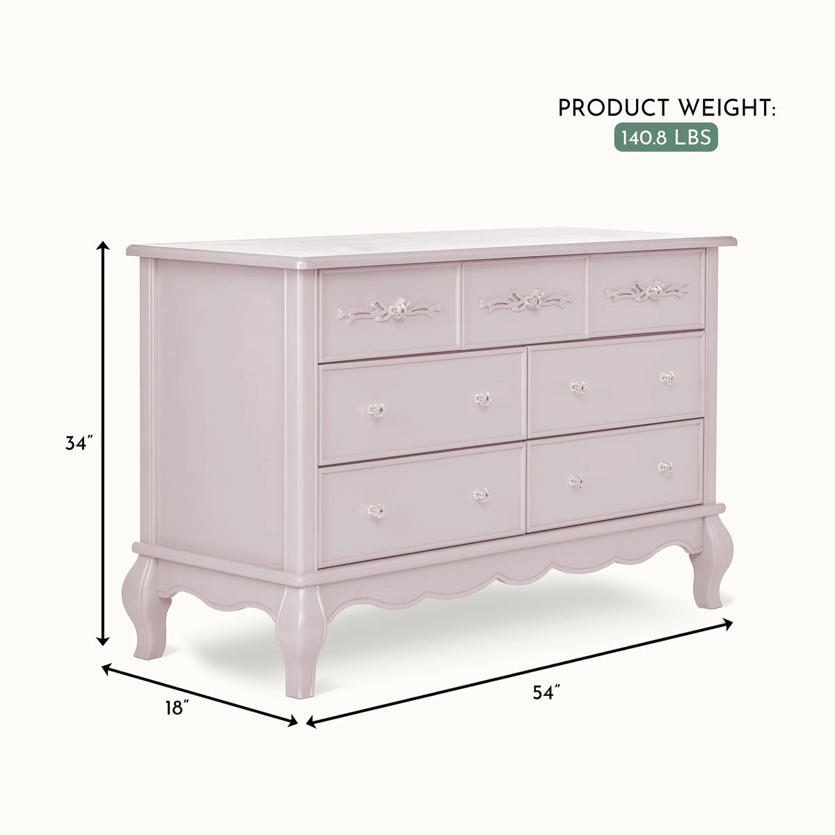 Evolur Aurora 7-Drawer Double Dresser in Ivory Lace, Spacious Drawers