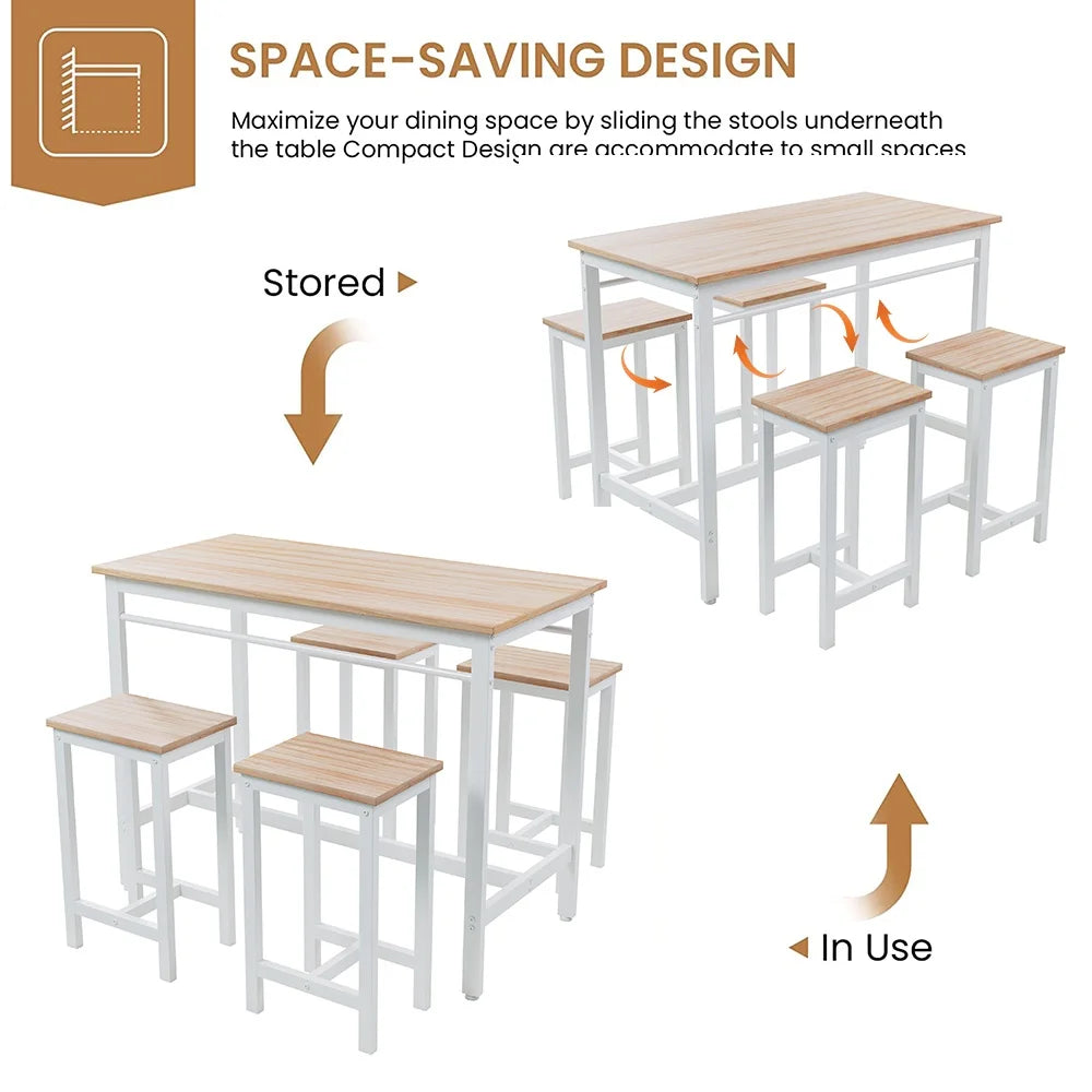 Counter Height Table Set of 5, Breakfast Bar Table and Stool Set, Minimalist Dining Table with Backless Stools, Wood Top Pub Table & Chair Set for Kitchen Apartment Bistro - Space Saving