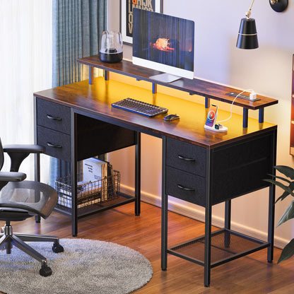 55.1" LED Gaming Desk with Drawers, Computer Desk with Outlets, Office Desk with 4 Drawers, Corner Desk, Writing Desk in White