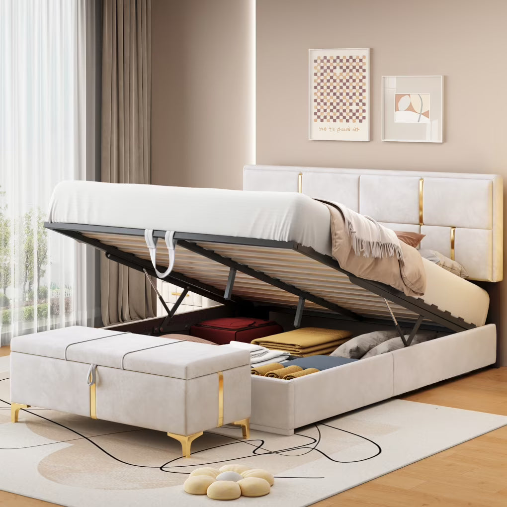 2-Pieces Bedroom Sets, Queen Size Upholstered Platform Bed with Hydraulic Storage System,Storage Ottoman with Metal Legs, 2 Piece Wood Bedroom Furniture Set, Beige
