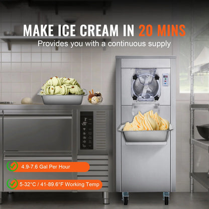 KFFKFF Commercial Ice Cream Machine, 18L/Hour Output, 1780W, Single Flavor, Mobile with Wheels, 6L Stainless Steel Cylinder, LED Screen, Auto Clean & Pre-cool