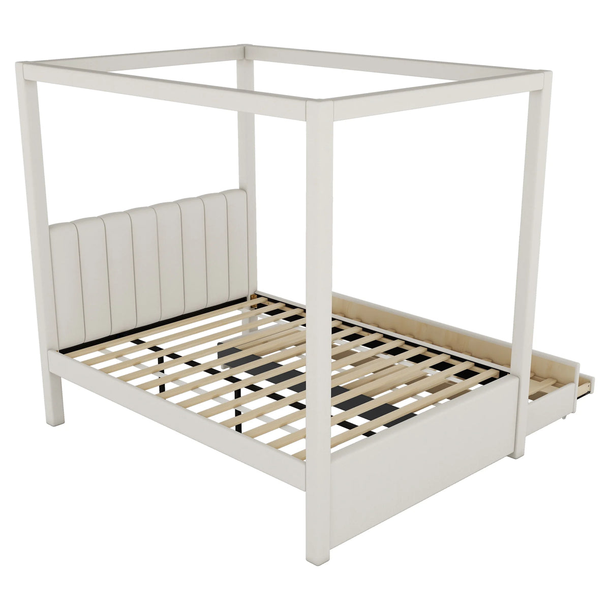 EUROCO Upholstered Full Size Canopy Bed Frame with Trundle Bed and 3 Drawers, Platform Bed with Headboard for Kids Teens Adults, Beige