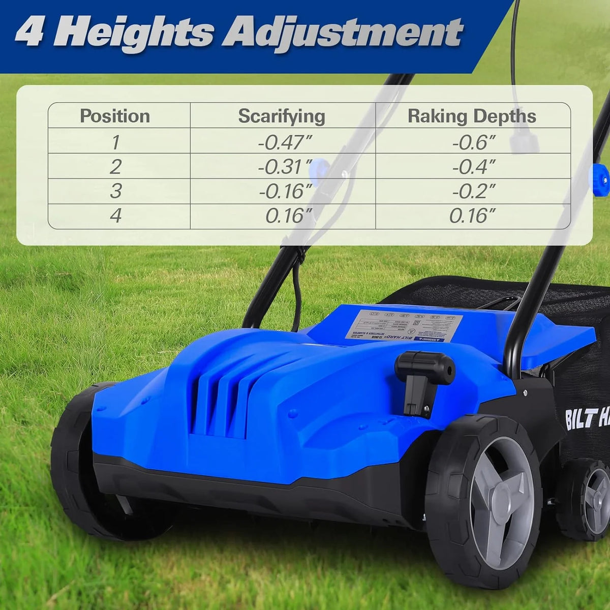BILT HARD Dethatcher Scarifier Electric Powered, 12 Amp Copper Motor 13 inch Raking Width with 8 gal Thatch Bag