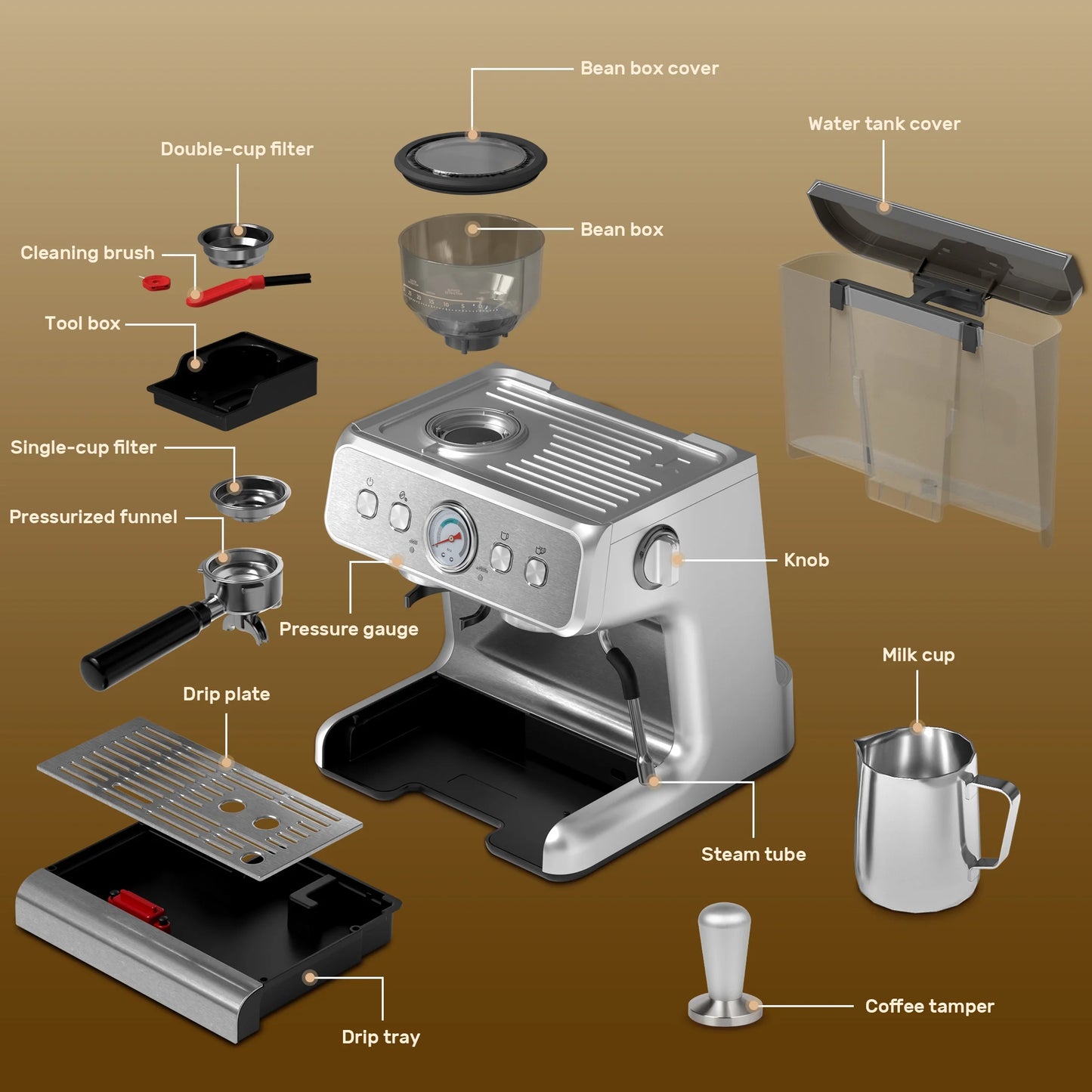 Auseo  20 Bar Automatic Espresso Coffee Maker with Grinder and Milk Frother Steam Wand, Drip Hot Coffee, 1&2 Cups, Espresso/Cappuccino/Latte/Mocha for Home, Stainless Steel