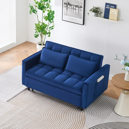 Adjustable Back Velvet Futon Sofa Bed, Modern Convertible Couples Sleeper with Side Pockets, Fold Down Couch for Living Room, Apartment,Blue