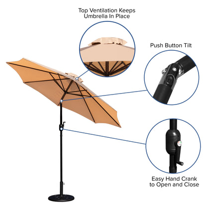Merrick Lane Patio Umbrella with Base - 9' Tan Polyester Patio Umbrella - 30+ UV Protection - Waterproof Black Cement Base with 1.5" Diameter Aluminum Pole