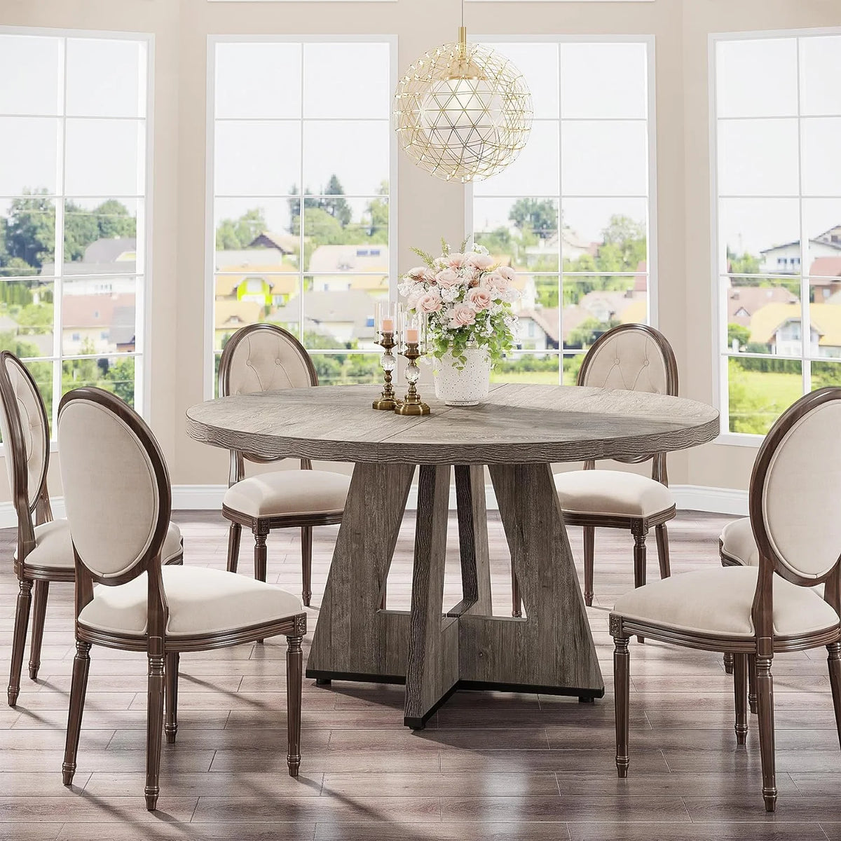 Tribesigns Round Dining Table for 4, Grey Kitchen Table 47 Inch Farmhouse Wood Kitchen Dinning Table for Kitchen Living Room