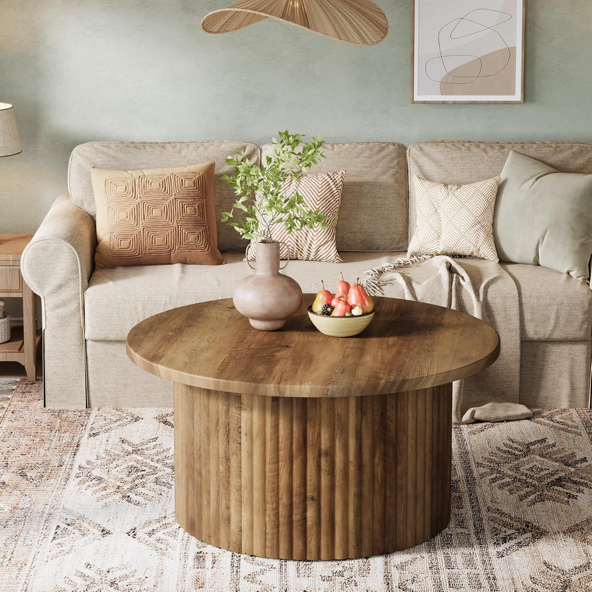 Finmind 31.5" Round Coffee Table, Farmhouse Circle Coffee Table with Metal Base