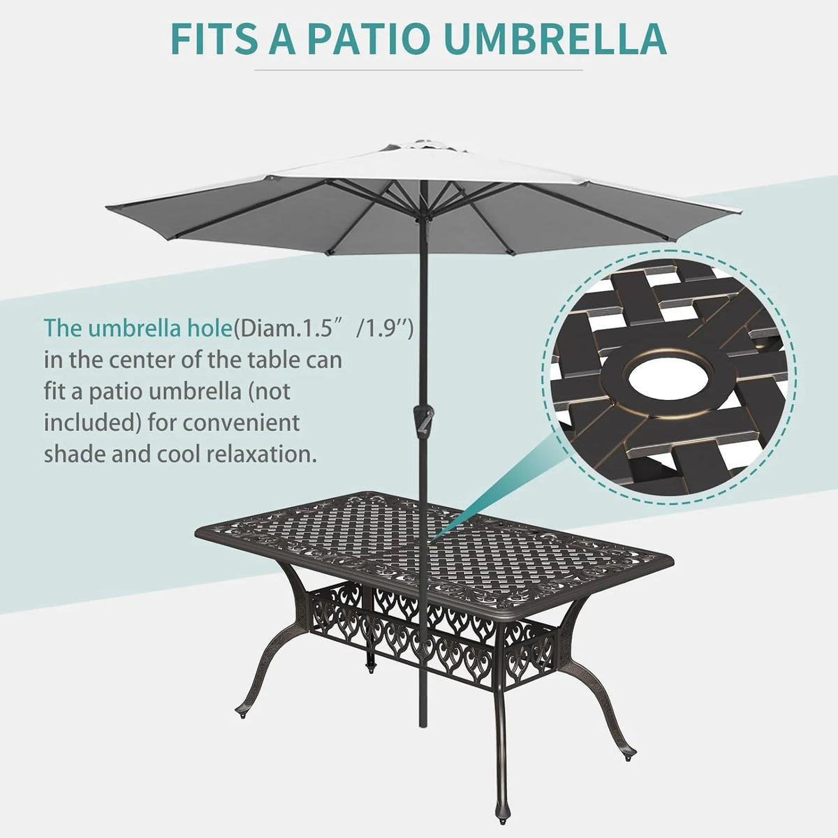59.06" Cast Aluminum Outdoor Dining Table for 6�? People, Rust-Resistant All-Weather Metal Patio Table with 2" Umbrella Hole, Heavy-Duty Garden Furniture for Deck, Backyard, Dark Bronze, Only Desk