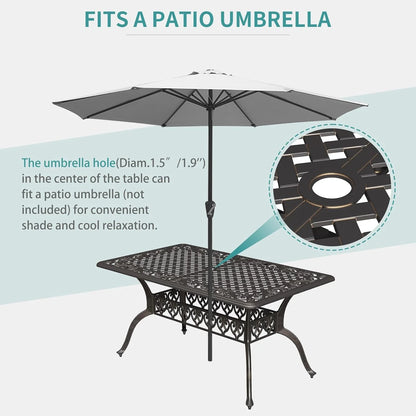 59.06" Cast Aluminum Outdoor Dining Table for 6�? People, Rust-Resistant All-Weather Metal Patio Table with 2" Umbrella Hole, Heavy-Duty Garden Furniture for Deck, Backyard, Dark Bronze, Only Desk
