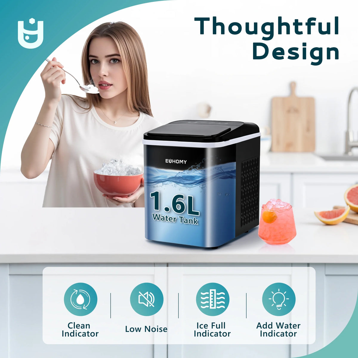 EUHOMY 35lbs/24H Nugget Ice Maker Countertop, Pebble Ice Maker Machine with Auto-Cleaning, Black