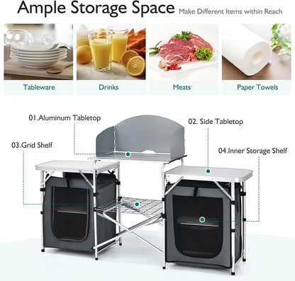 Camping Kitchen Table with Storage, Aluminum Portable Outdoor Cooking Table with Windscreen, Foldable Camp Table Cook Station for BBQ, Grill, Party, Picnics
