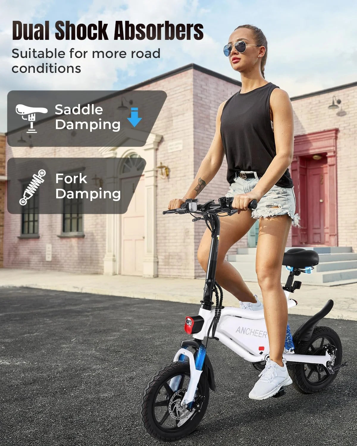 ANCHEER Peak 500W Electric Bike for Adults, Foldable Electric Bikes with 48V 374Wh Battery, 14" Electric Bicycle for Men Women, LCD Digital Display, Cruise Control Ebikes, Dual Suspension Fork UL2849
