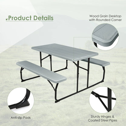 Costway Indoor & Outdoor Folding Picnic Table Bench Set w/ Wood-like Texture Grey