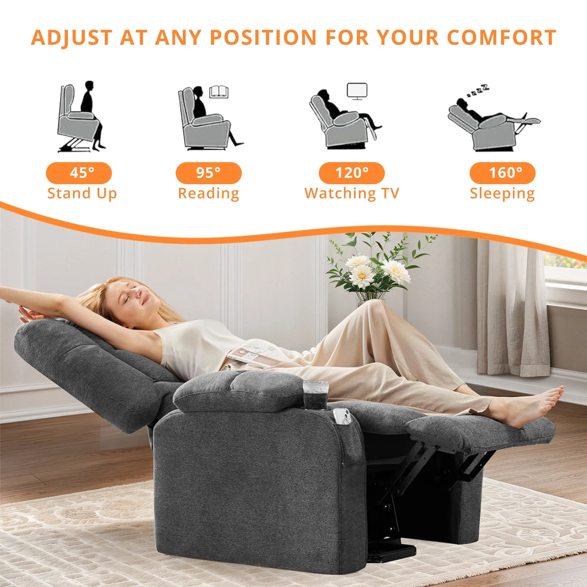Recline Chair, 21.6"W Oversize Accent Armchair with Storage Bag, Modern Chair for Living Room, Bedroom, Gray