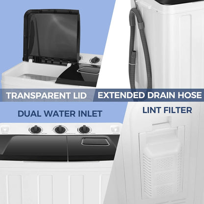 Qhomic Portable Washer 30lbs, 2-in-1 Twin Tub Washer & Dryer Combo Compact Semi-Automatic Washing Machine with Drain Pump, Black
