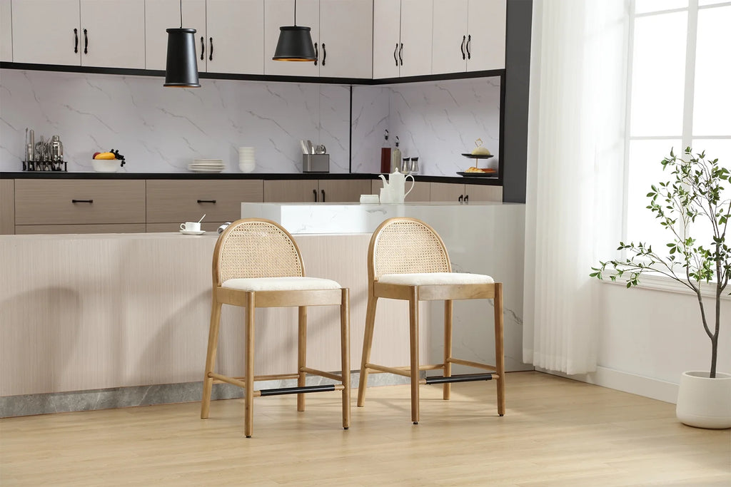Guyou Modern Bar Stools Set of 2, 26" Counter Height Bar Stools with Natural Rattan Back and Solid Wood Frame, Sherpa Upholstered Kitchen Island Chairs for Bar Island Cafe Kitchen, Black