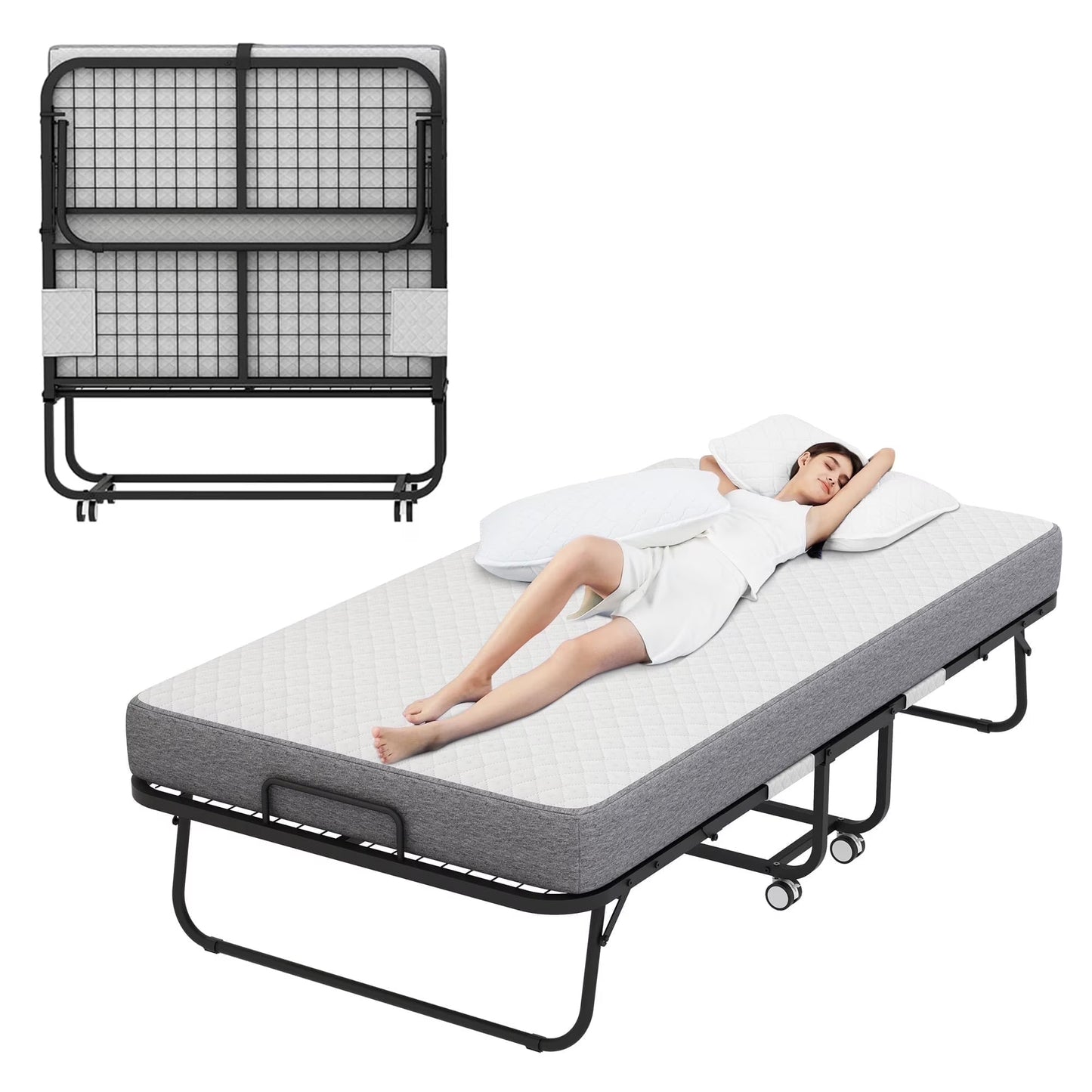 Full Size Folded Bed with Mattress, 75" x 54" Folding Bed, Twin Bed, Rollaway Bed Guest Bed for Adults with Sturdy Frame