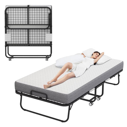Full Size Folded Bed with Mattress, 75" x 54" Folding Bed, Twin Bed, Rollaway Bed Guest Bed for Adults with Sturdy Frame