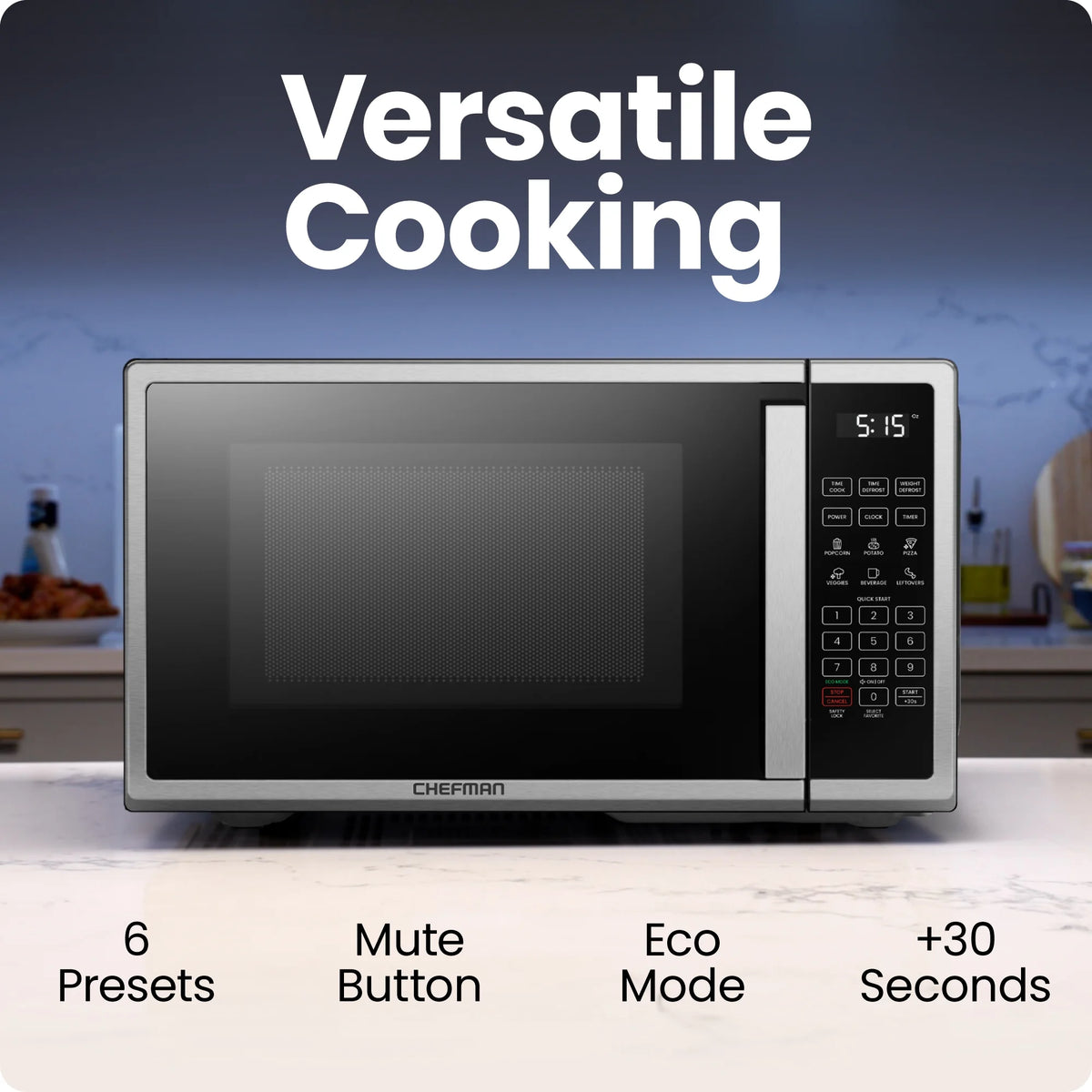 Chefman 0.9 Cu ft Countertop Microwave Oven, 900 Watts - Stainless Steel