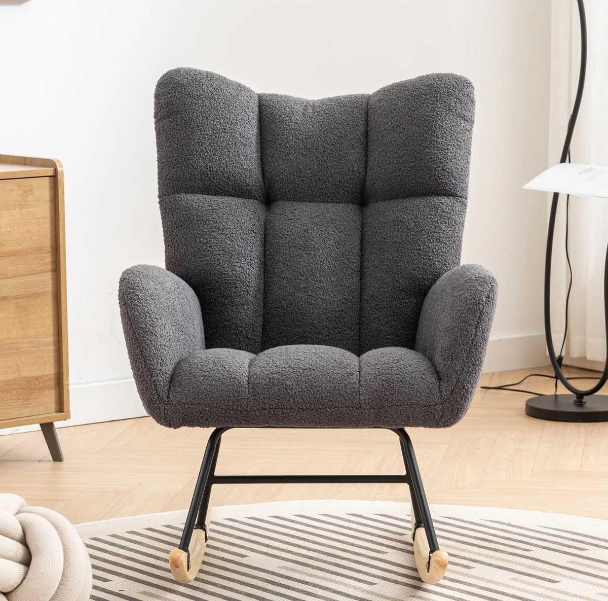 Rocking Chair Nursery,Teddy Upholstered Glider Rocker with High Backrest,Modern Rocking Accent Chairs Glider Recliner for Living Room, Nursery, Bedroom,White