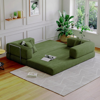 Convertible Sleeper Sofa Bed,Compressed Floor Boneless Couch,Modular Modern Corduroy Sofa for Living Room Bedroom -with Fixed-Shape Frame and Support Armrest,Easy Assembly(Green)