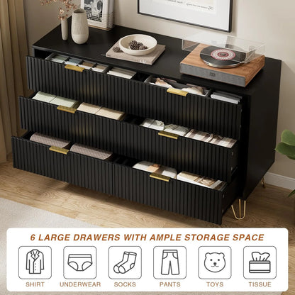 FURNIWAY White 6 Drawer Dresser for Bedroom, Modern Dresser with Gold Metal Handles,Fluted Wood TV Stand for Living Room, Hallway