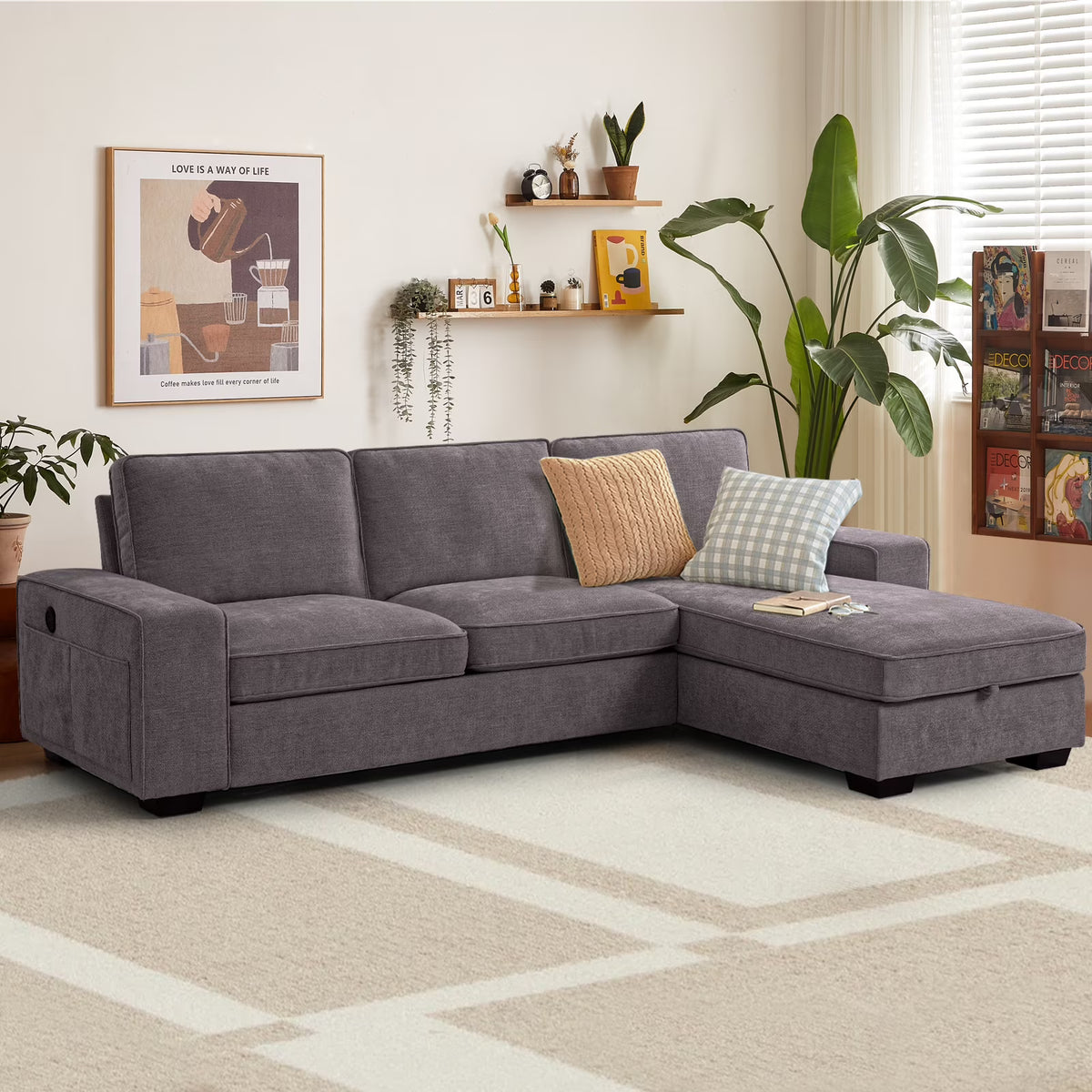 ASHOMELI 99'' Convertible Sectional Sofa,L Shaped Couch,Multi-Functional Reversible Sofa with USB and Type-C Charging Ports, Storage Space, Breathable Fabric