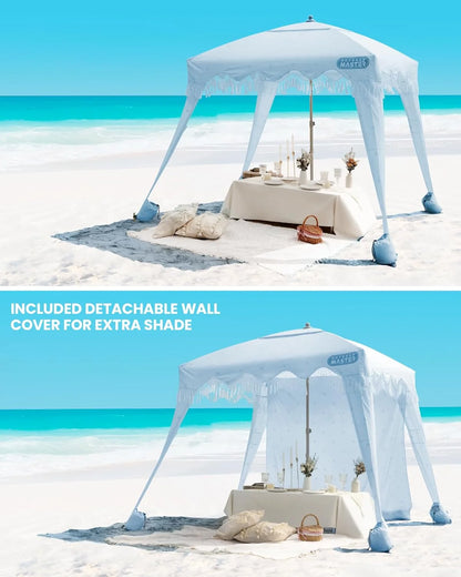 OutdoorMaster Beach Cabana with Fringe, Portable 6' x 6' Beach Canopy, Easy Set Up Beach Shelter, Included Side Wall, UPF 50+ UV Protection Sun Umbrella - for Kids, Family & Friends