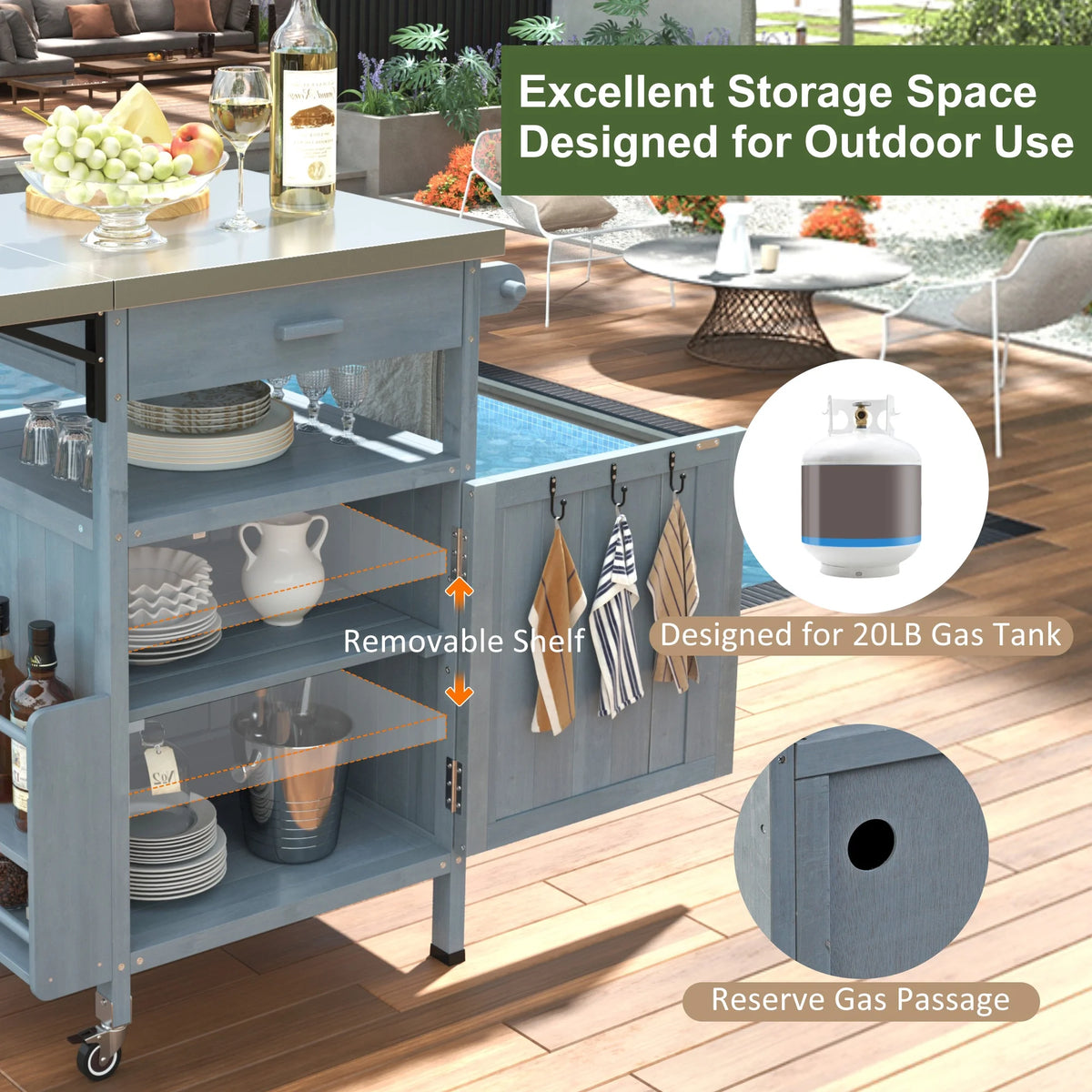 Bellemave Outdoor Serving Cart Kitchen Island Solid Wood Mobile Rolling Bar Cart with Lockable Wheels, Rack and Stainless Steel Top Beverage Storage Counter Table with Cabinet for Patio, Natural