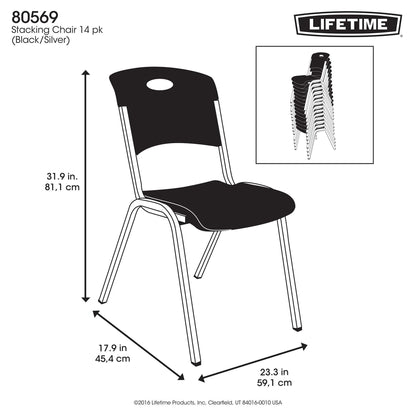 Lifetime Steel Framed Indoor/Outdoor Commercial Grade Stacking Chairs, Black & Silver, (Set of 14) 80569