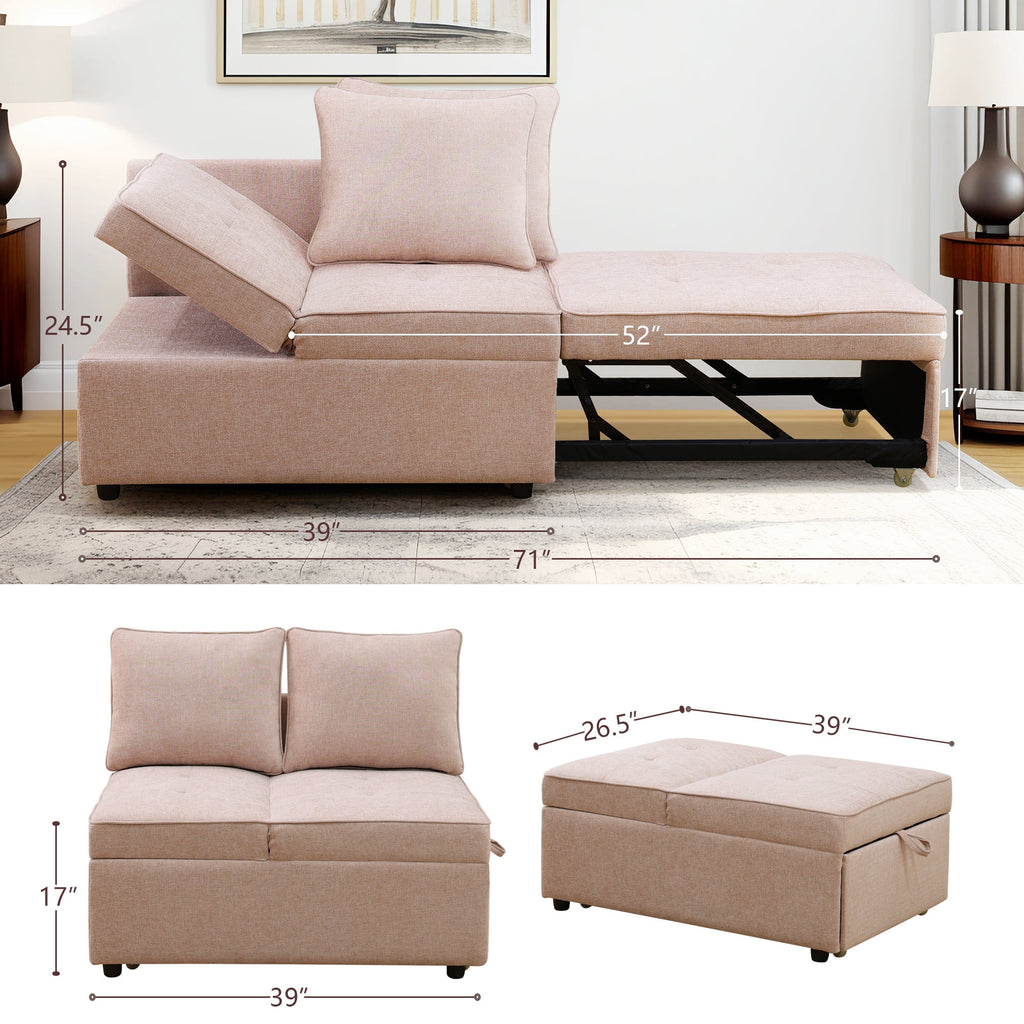 Aukfa 71" Convertible Chaise Futon Pull Out Sofa Chair Bed, Adjustable Backrest, 2 Pillows, Linen, Pink