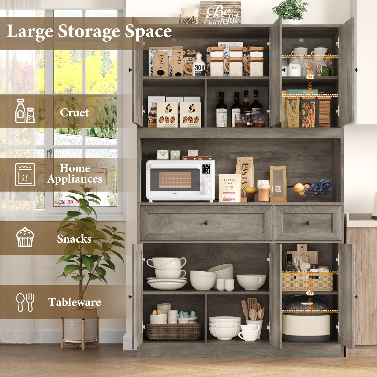 Homfa 72" Tall Kitchen Pantry with Microwave Shelf, Freestanding Kitchen Cupboard, Floor Cabinet for Dining Room, White