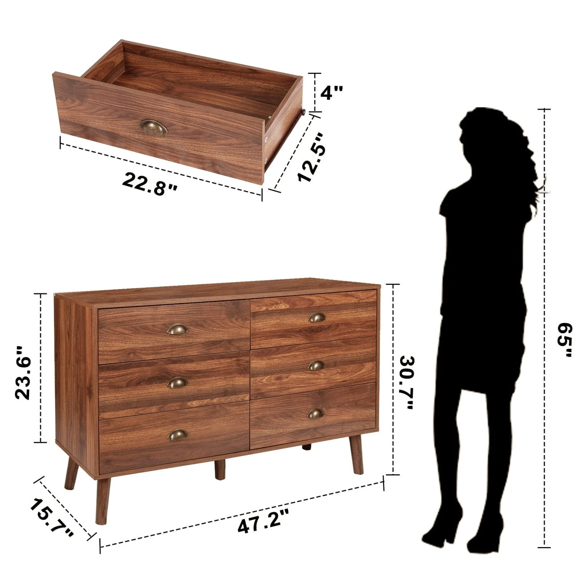 Polar Aurora Wood Dresser for Bedroom with 6 Drawers, Mid Century Modern Chests of Drawer with Metal Handles