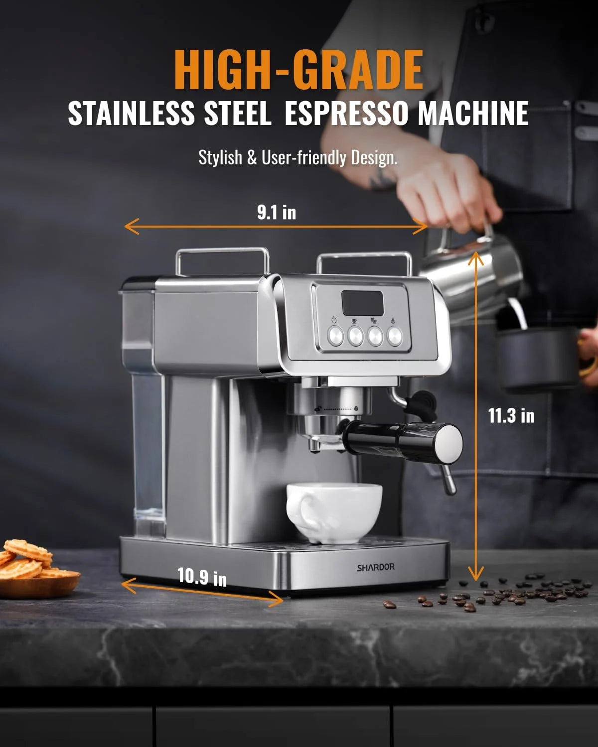 GDOR 1350W Espresso Machine 20 Bar with Milk Frother Steam Wand, Professional Manual Latte & Cappuccino Maker for Home, 60 Oz Water Tank, Temperature Display, Stainless Steel
