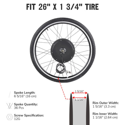 Yescom Electric Bike Conversion Kit 48V 1000W 26" Front Wheel E-Bike Conversion Kit Dual Mode Controller
